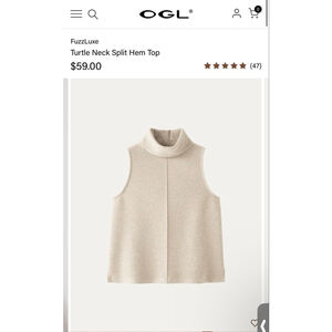 NWT OGl FuzzLuxe Beige Turtle Neck Split Hem Tank Top L